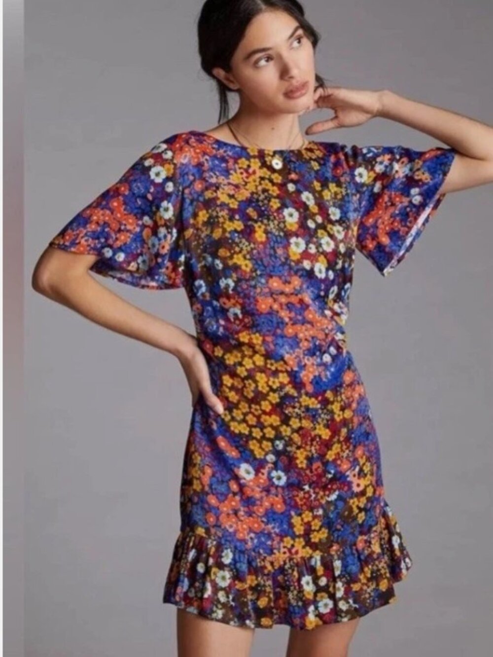 Wedding Guest Floral Anthropologie Ruffled Satin Floral Mini Dress | Sz 4